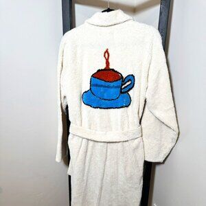 Stan Herman Cream Chenille Robe — Blue Pocket Scoop & Blue Coffee Back - VINTAGE